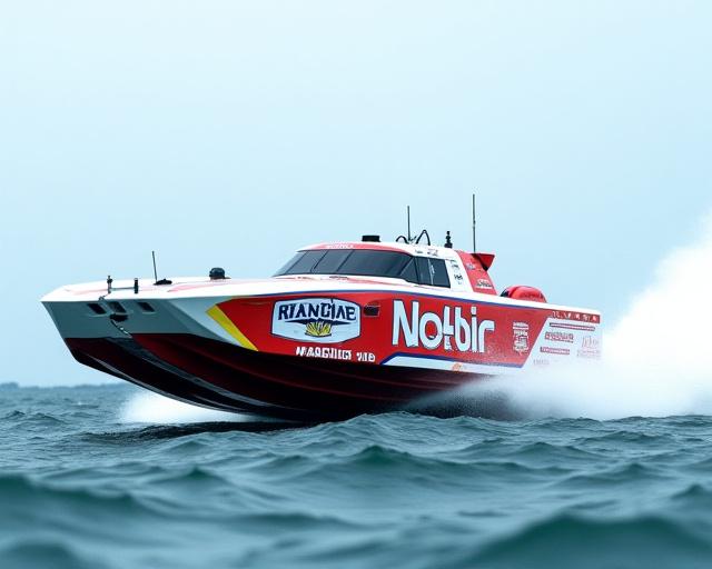 Racingbåt med sponsorlogoer i høy fart.